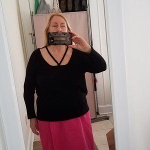 Roi Cashmere Sweater~Strappy Wide Neck~Back Keyhole~Ribbed Sleeves 3/4~Black~S-M